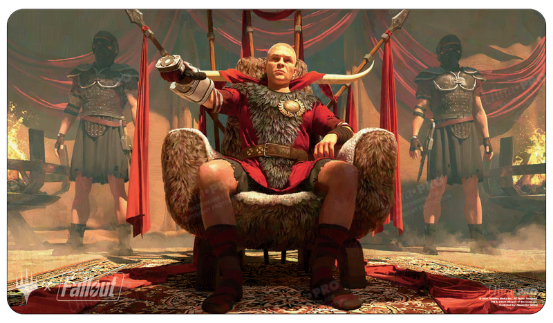 Ultra Pro Playmat - MTG Universes Beyond Fallout - Caesar, Legion's Emperor - Playing mat featuring a detailed illustration of Caesar, Legion's Emperor, seated on a throne with Roman soldiers in the.
