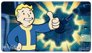 Ultra Pro Playmat - MTG Universes Beyond Fallout - Sol Ring - Rectangular playmat featuring Vault Boy in blue and yellow jumpsuit giving thumbs up, with a glowing Sol Ring gear design in