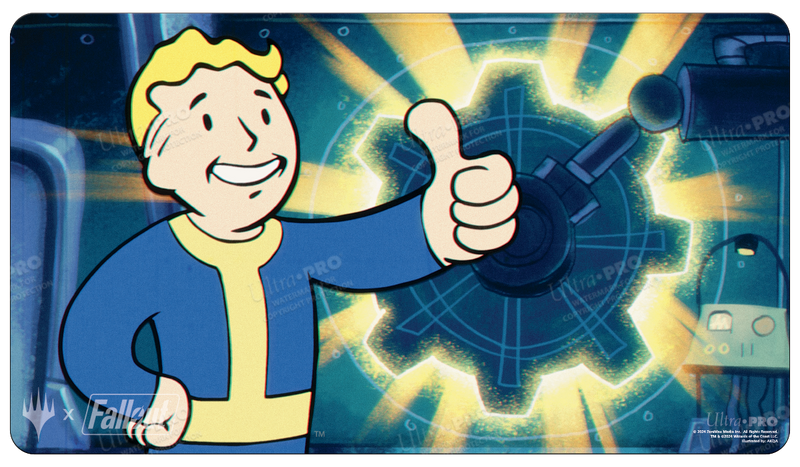 Ultra Pro Playmat - MTG Universes Beyond Fallout - Sol Ring - Rectangular playmat featuring Vault Boy in blue and yellow jumpsuit giving thumbs up, with a glowing Sol Ring gear design in