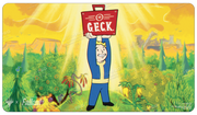 Ultra Pro Playmat - MTG Universes Beyond Fallout - Crucible of Worlds - Bright yellow playmat featuring a cartoon character in a blue and yellow jumpsuit under a red GECK logo, surrounded by a.