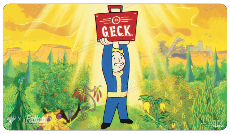 Ultra Pro Playmat - MTG Universes Beyond Fallout - Crucible of Worlds - Bright yellow playmat featuring a cartoon character in a blue and yellow jumpsuit under a red GECK logo, surrounded by a.