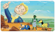 Ultra Pro Playmat - MTG Universes Beyond Fallout - Ravages of War - Colorful playmat featuring Vault Boy giving a thumbs up, a futuristic character in green armor, and a dog with yellow armor.