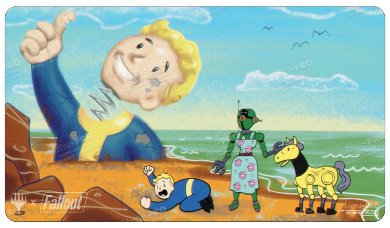 Ultra Pro Playmat - MTG Universes Beyond Fallout - Ravages of War - Colorful playmat featuring Vault Boy giving a thumbs up, a futuristic character in green armor, and a dog with yellow armor.