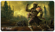 Ultra Pro Playmat - MTG Universes Beyond Fallout - Grave Titan - Rectangular gaming playmat with a dark, post-apocalyptic warrior wielding a skull-adorned weapon in a yellow-green foggy.