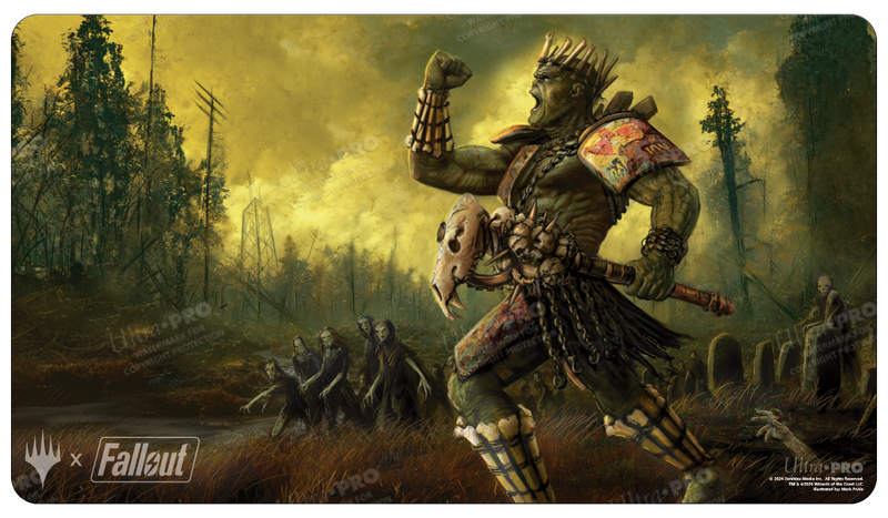 Ultra Pro Playmat - MTG Universes Beyond Fallout - Grave Titan - Rectangular gaming playmat with a dark, post-apocalyptic warrior wielding a skull-adorned weapon in a yellow-green foggy.