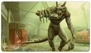 Ultra Pro Playmat - MTG Universes Beyond Fallout - Tarmogoyf - Green humanoid creature with large horns and claws, standing in a post-apocalyptic urban setting on a rectangular playmat.