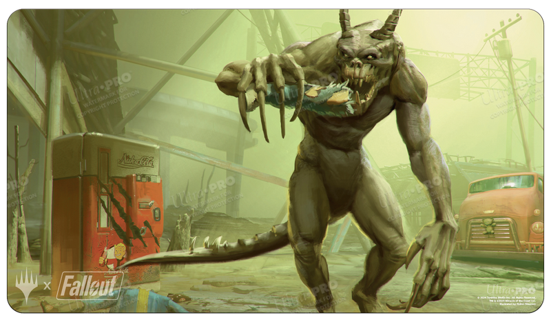 Ultra Pro Playmat - MTG Universes Beyond Fallout - Tarmogoyf - Green humanoid creature with large horns and claws, standing in a post-apocalyptic urban setting on a rectangular playmat.