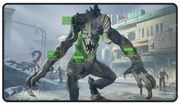 Ultra Pro Black Stitched Playmat - MTG Universes Beyond Fallout - V.A.T.S. - Black stitched playmat featuring a detailed, menacing creature with clawed hands in a futuristic cityscape background.