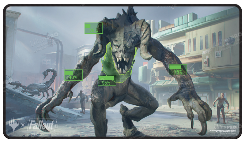 Ultra Pro Black Stitched Playmat - MTG Universes Beyond Fallout - V.A.T.S. - Black stitched playmat featuring a detailed, menacing creature with clawed hands in a futuristic cityscape background.