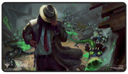Ultra Pro Black Stitched Playmat - MTG Universes Beyond Fallout - Mysterious Stranger - Black stitched playmat featuring a mysterious trench-coated figure tipping his hat amid green glowing magical effects and.