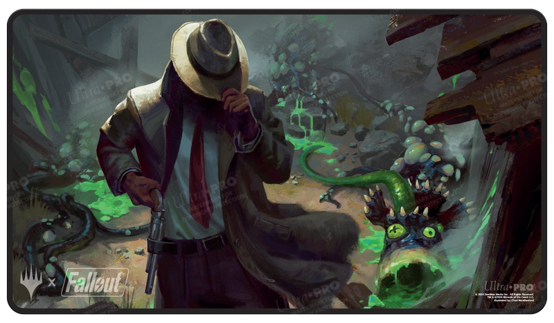 Ultra Pro Black Stitched Playmat - MTG Universes Beyond Fallout - Mysterious Stranger - Black stitched playmat featuring a mysterious trench-coated figure tipping his hat amid green glowing magical effects and.