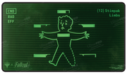 Ultra Pro Black Stitched Playmat - MTG Universes Beyond Fallout - Inventory Management - Black rectangular playmat featuring green Fallout-themed digital interface with Vault Boy character and status bars,.