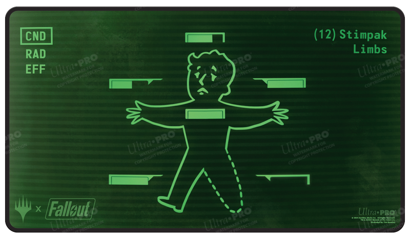 Ultra Pro Black Stitched Playmat - MTG Universes Beyond Fallout - Inventory Management - Black rectangular playmat featuring green Fallout-themed digital interface with Vault Boy character and status bars,.