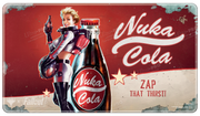 Ultra Pro Holofoil Playmat - MTG Universes Beyond Fallout - Rectangular playmat with vintage red and cream Nuka Cola design, featuring a retro-futuristic female character in armor and.