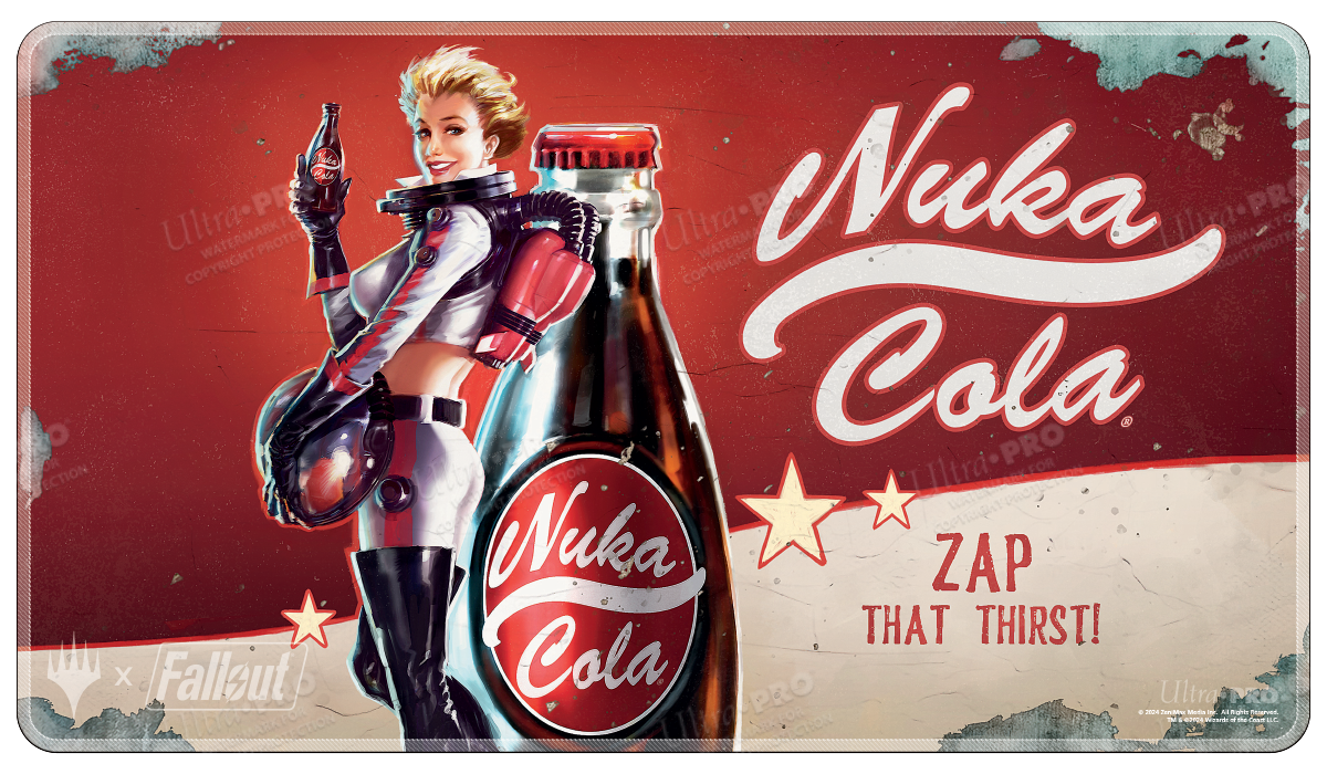 Ultra Pro Holofoil Playmat - MTG Universes Beyond Fallout - Rectangular playmat with vintage red and cream Nuka Cola design, featuring a retro-futuristic female character in armor and.