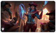 Ultra Pro Playmat: Magic the Gathering: Outlaws of Thunder Junction: Stella Lee, Wild Card - Magic the Gathering playmat featuring a female character in red and blue pirate-like attire casting blue magic, with three.