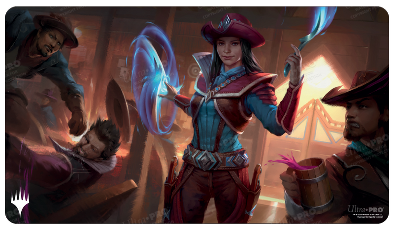 Ultra Pro Playmat: Magic the Gathering: Outlaws of Thunder Junction: Stella Lee, Wild Card - Magic the Gathering playmat featuring a female character in red and blue pirate-like attire casting blue magic, with three.