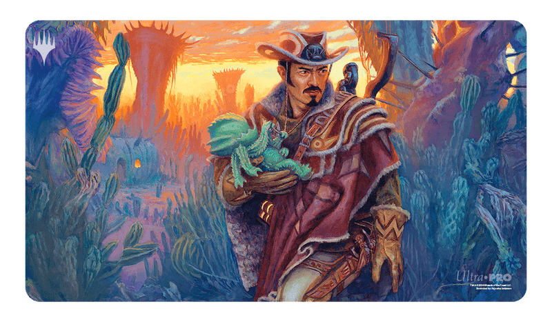 Ultra Pro Playmat: Magic the Gathering: Outlaws of Thunder Junction: Yuma, Proud Protector - Magic the Gathering playmat with vibrant orange and blue sunset background, featuring a rugged man in western attire holding