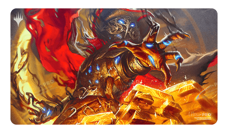Ultra Pro Playmat: Magic the Gathering: Outlaws of Thunder Junction: Gonti, Canny Acquisitor - Playmat featuring detailed fantasy artwork of a clawed hand reaching over glowing gold treasure with fiery red and dark.