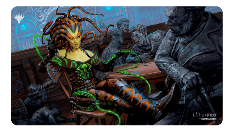 Ultra Pro Playmat: Magic the Gathering: Outlaws of Thunder Junction: Vraska, the Silencer - Magic the Gathering playmat featuring Vraska, the Silencer in green and black with horned headdress, seated among stone.