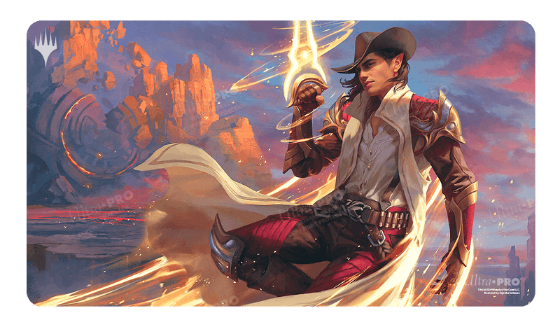 Ultra Pro Playmat: Magic the Gathering: Outlaws of Thunder Junction: Kellan, the Kid - Rectangular gaming playmat featuring vibrant fantasy artwork of a young cowboy with a glowing gun, wearing a wide-brimmed.