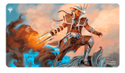 Ultra Pro Playmat: Magic the Gathering: Outlaws of Thunder Junction: Annie Flash, The Veteran - Rectangular playmat featuring fiery, dynamic artwork of a futuristic cowboy with glowing pistols, vibrant orange and blue.