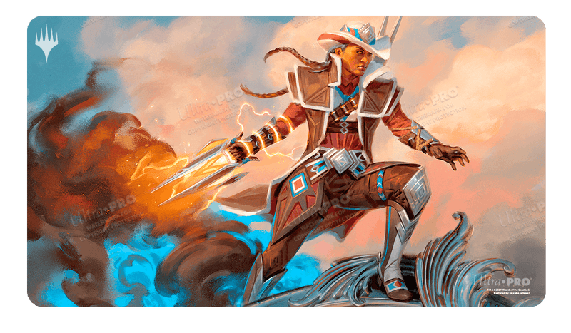 Ultra Pro Playmat: Magic the Gathering: Outlaws of Thunder Junction: Annie Flash, The Veteran - Rectangular playmat featuring fiery, dynamic artwork of a futuristic cowboy with glowing pistols, vibrant orange and blue.