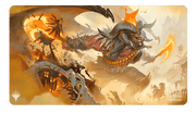 Ultra Pro Playmat: Magic the Gathering: Outlaws of Thunder Junction: Rakdos, the Muscle - Rectangular gaming playmat featuring fiery orange and brown tones with a fierce, armored demon character wielding a spiked.