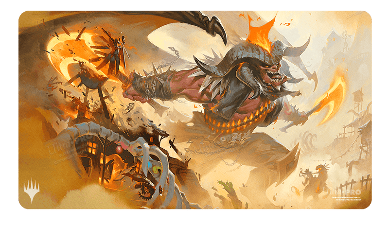 Ultra Pro Playmat: Magic the Gathering: Outlaws of Thunder Junction: Rakdos, the Muscle - Rectangular gaming playmat featuring fiery orange and brown tones with a fierce, armored demon character wielding a spiked.