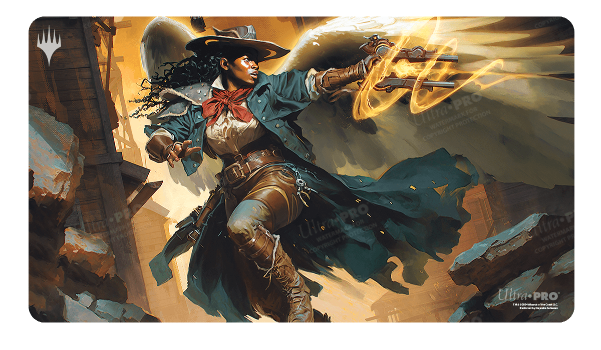 Ultra Pro Playmat: Magic the Gathering: Outlaws of Thunder Junction: Archangel of Tithes - Magic the Gathering playmat featuring a dynamic cowboy shooting fiery blasts, with dark blue and brown tones and dramatic.