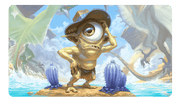 Ultra Pro Playmat: Magic the Gathering: Outlaws of Thunder Junction: Fblthp, Lost - Colorful rectangular playmat featuring a cartoonish one-eyed gold creature standing on a beach with blue seashells and.