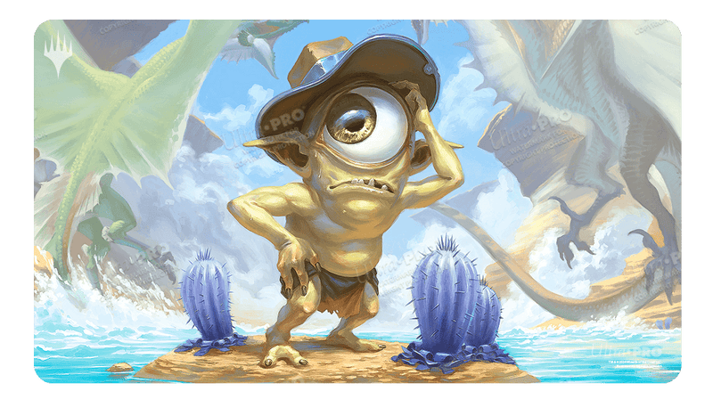 Ultra Pro Playmat: Magic the Gathering: Outlaws of Thunder Junction: Fblthp, Lost - Colorful rectangular playmat featuring a cartoonish one-eyed gold creature standing on a beach with blue seashells and.