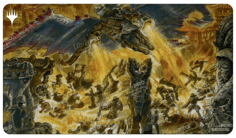 Ultra Pro Playmat: Magic the Gathering: Outlaws of Thunder Junction: Pitiless Carnage - Large rectangular playmat featuring dynamic fantasy battle scene with monstrous creatures in dark, earthy tones and vibrant.