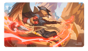 Ultra Pro Playmat: Magic the Gathering: Outlaws of Thunder Junction: Slickshot Showoff - Rectangular playmat featuring dynamic artwork of a cloaked figure with red energy swirling around, bold warm colors, Ultra.