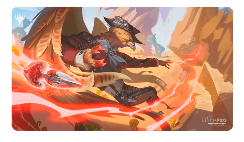 Ultra Pro Playmat: Magic the Gathering: Outlaws of Thunder Junction: Slickshot Showoff - Rectangular playmat featuring dynamic artwork of a cloaked figure with red energy swirling around, bold warm colors, Ultra.