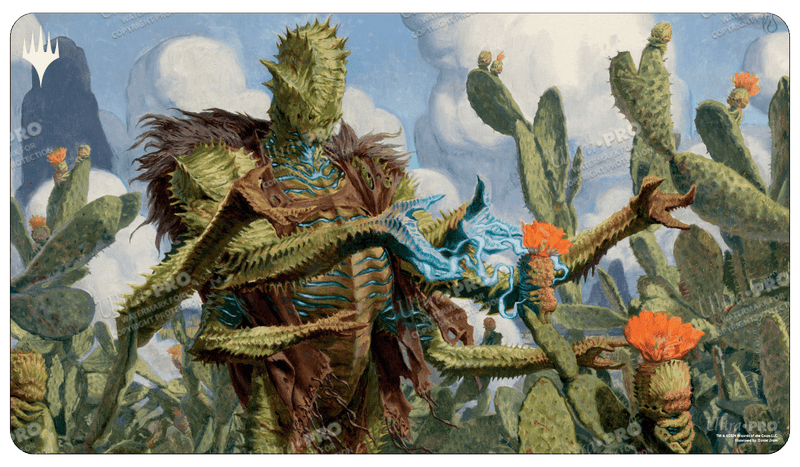 Ultra Pro Playmat: Magic the Gathering: Outlaws of Thunder Junction: Bristly Bill, Spine Sower - Playmat featuring fantasy artwork of a tree-like humanoid with mossy textures among vibrant orange-flowered cacti under a.