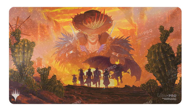 Ultra Pro Holofoil Playmat: Magic the Gathering: Outlaws of Thunder Junction: Gang Silhouette - Magic the Gathering Ultra Pro playmat with orange and brown desert scene, silhouetted outlaws and cacti, vibrant sunset.