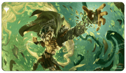 Playmat: Magic the Gathering: Modern Horizons 3: Flare of Cultivation - Rectangular green and gold Magic the Gathering playmat featuring a dynamic character casting a spell with outstretched hand.