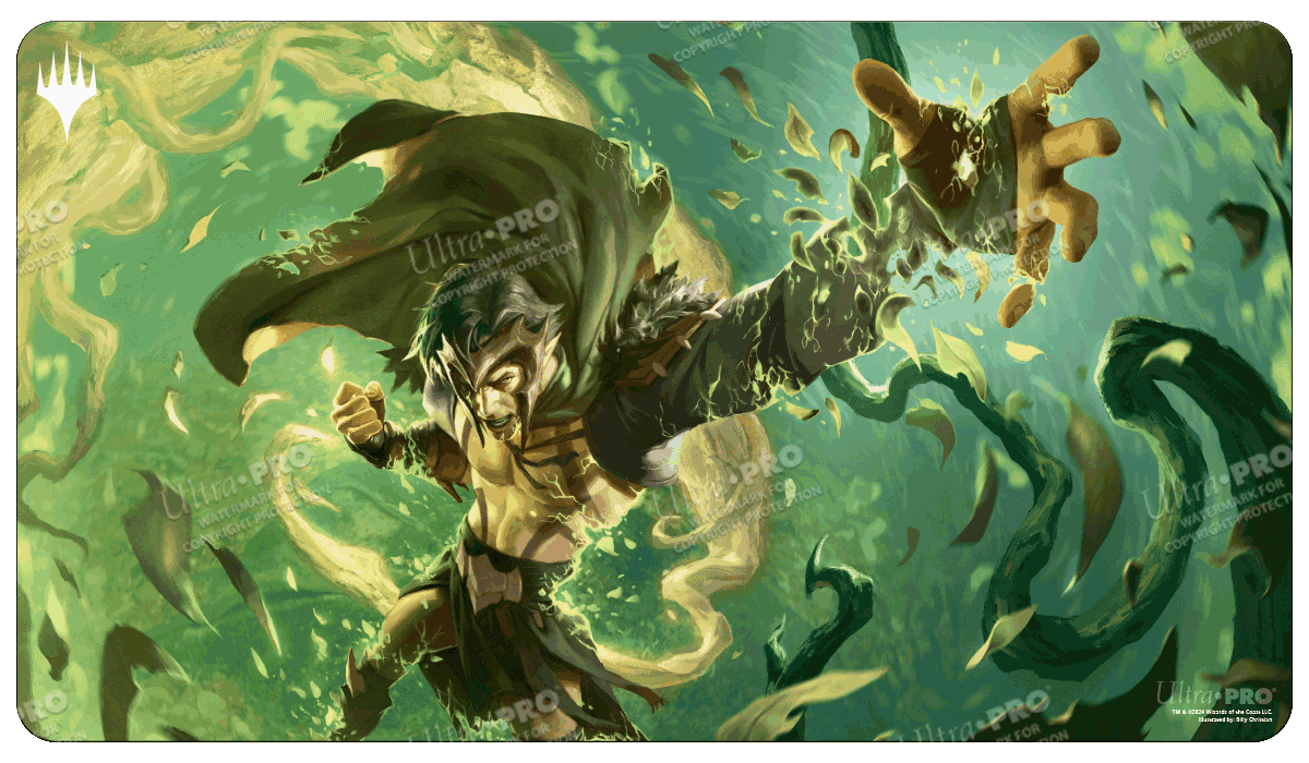 Playmat: Magic the Gathering: Modern Horizons 3: Flare of Cultivation - Rectangular green and gold Magic the Gathering playmat featuring a dynamic character casting a spell with outstretched hand.