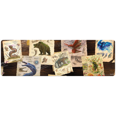 Playmat: Magic the Gathering: Bloomburrow: Calamity Beasts Field Notes 8ft - Long rectangular playmat with vintage-style illustrations of fantasy beasts in earthy tones, featuring dragons, a bear, and.