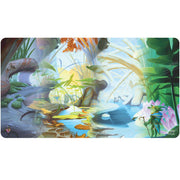 Playmat: Magic the Gathering: Bloomburrow: Island (Four Seasons) - Colorful rectangular playmat featuring a vibrant fantasy forest scene with water, plants, flowers, and twisted tree roots.