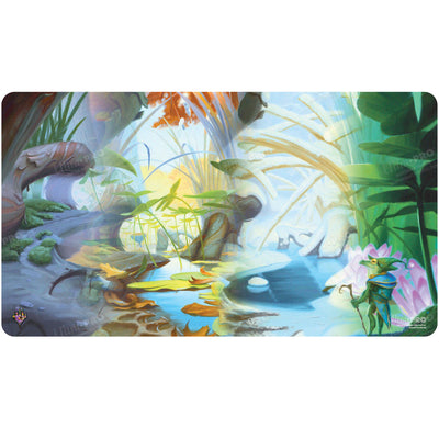 Playmat: Magic the Gathering: Bloomburrow: Island (Four Seasons) - Colorful rectangular playmat featuring a vibrant fantasy forest scene with water, plants, flowers, and twisted tree roots.