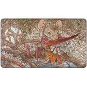 Playmat: Magic the Gathering: Bloomburrow: Mabel, Heir to Cragflame Holofoil - Rectangular playmat with detailed illustration of a mouse warrior holding a red sword, set against woven basket and foliage.
