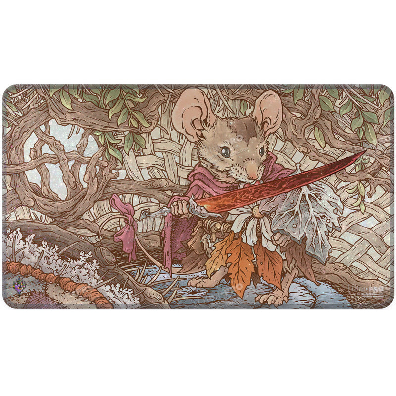 Playmat: Magic the Gathering: Bloomburrow: Mabel, Heir to Cragflame Holofoil - Rectangular playmat with detailed illustration of a mouse warrior holding a red sword, set against woven basket and foliage.