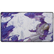 Playmat: D&D: Quests from the Infinite Staircase Black Stitched Edge - Rectangular D&D playmat with purple ethereal humanoid figure, black stitched edges, and light background with faint.