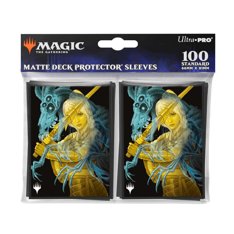 Ultra Pro Sleeves 100 count - Magic the Gathering Duskmourn - The Wandering Rescuer - Two packs of Ultra Pro Matte Deck Protector Sleeves featuring Duskmourn, The Wandering Rescuer artwork with a yellow-cloaked
