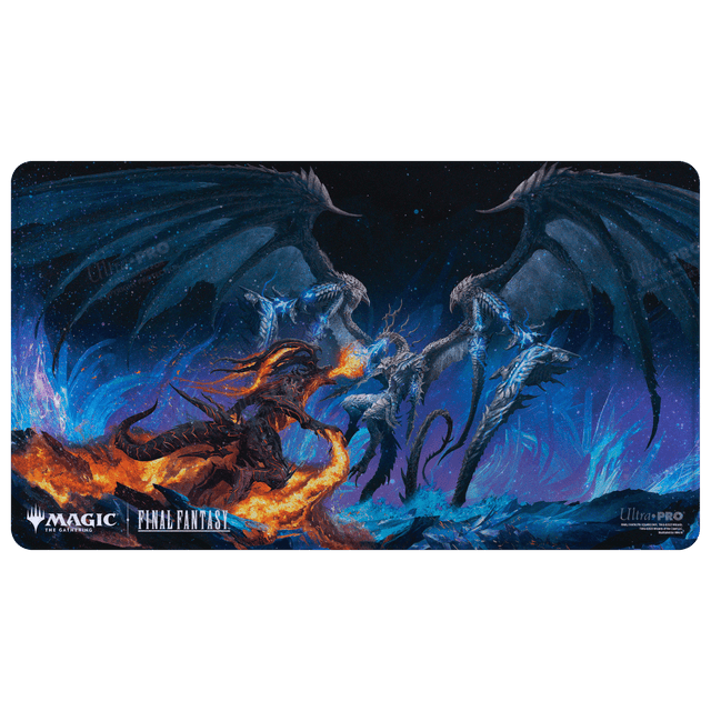 UltraPro Holofoil Playmat: MTG - Universes Beyond Final Fantasy - Rectangular playmat with dark blue and black background featuring two dragons, one orange and one blue, clashing fire and.
