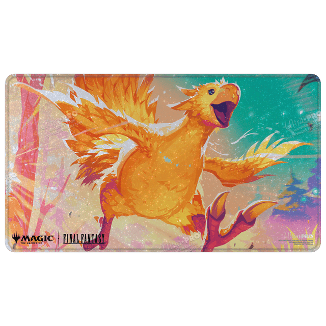 UltraPro Holofoil Playmat: MTG - Universes Beyond Final Fantasy - Premium U - Orange chocobo with fiery wings on a holographic magic playmat featuring Final Fantasy and Magic The Gathering logos.