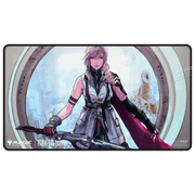 UltraPro Black Stitched Playmat: MTG - Universes Beyond Final Fantasy - W - Black gaming playmat with stitched edges featuring a detailed Final Fantasy character holding a weapon against a circular.