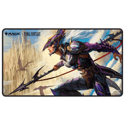 UltraPro Black Stitched Playmat: MTG - Universes Beyond Final Fantasy - X - Black stitched playmat featuring armored warrior in purple and silver with long spear and castle backdrop.